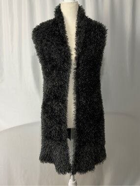Carol Rose Vintage Black Faux Fur Shaggy Longline Vest Open Front Sz M